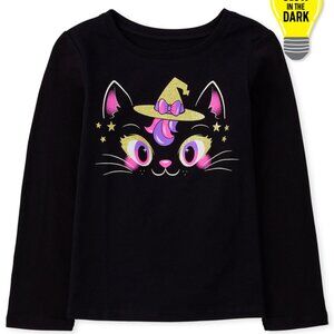The Childrens Place Girls Glow Witch Cat Graphic Tee Black 2T Long Sleeve NWT